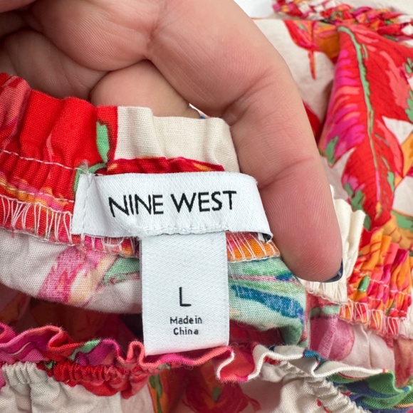Nine West Dress Women Large Red Multicolor Tropical Floral Short Puff Sleeves - Picture 8 of 13